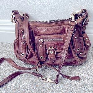 Brown leather clutch type shoulder bag